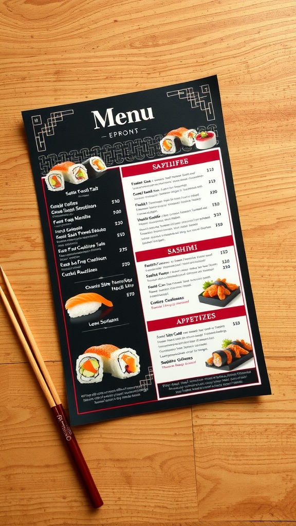 A beautifully designed sushi menu showcasing colorful sushi rolls and a modern layout on a rustic wooden table.